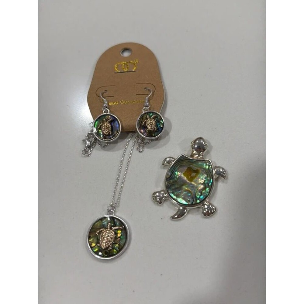Silver Tone Mother of Pearl Turtle Necklace, Pendant, Earrings